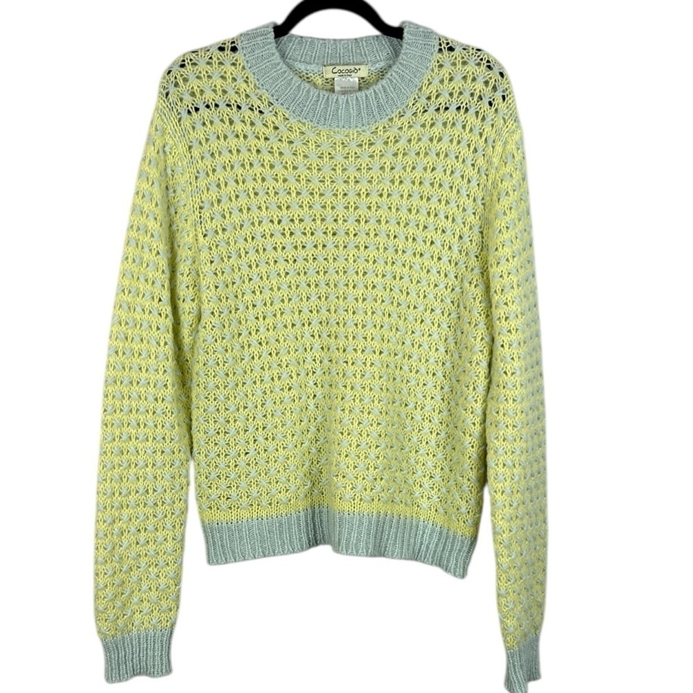 Cocogio Cozy Alpaca Blend Open Knit Crewneck Sweater Large Yellow Light Blue